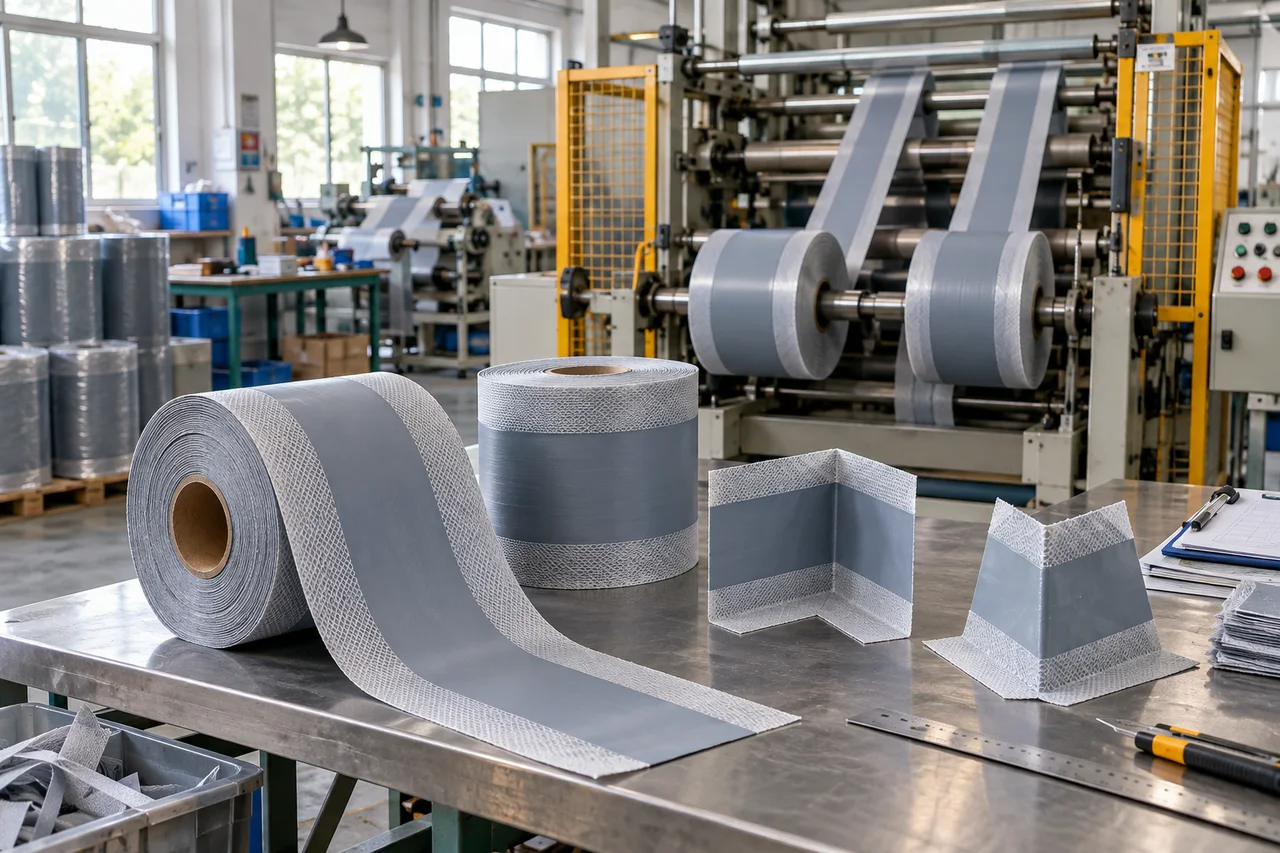 AI-generated waterproofing tape production and inspection illustration, not a photograph of the FEICHEER factory