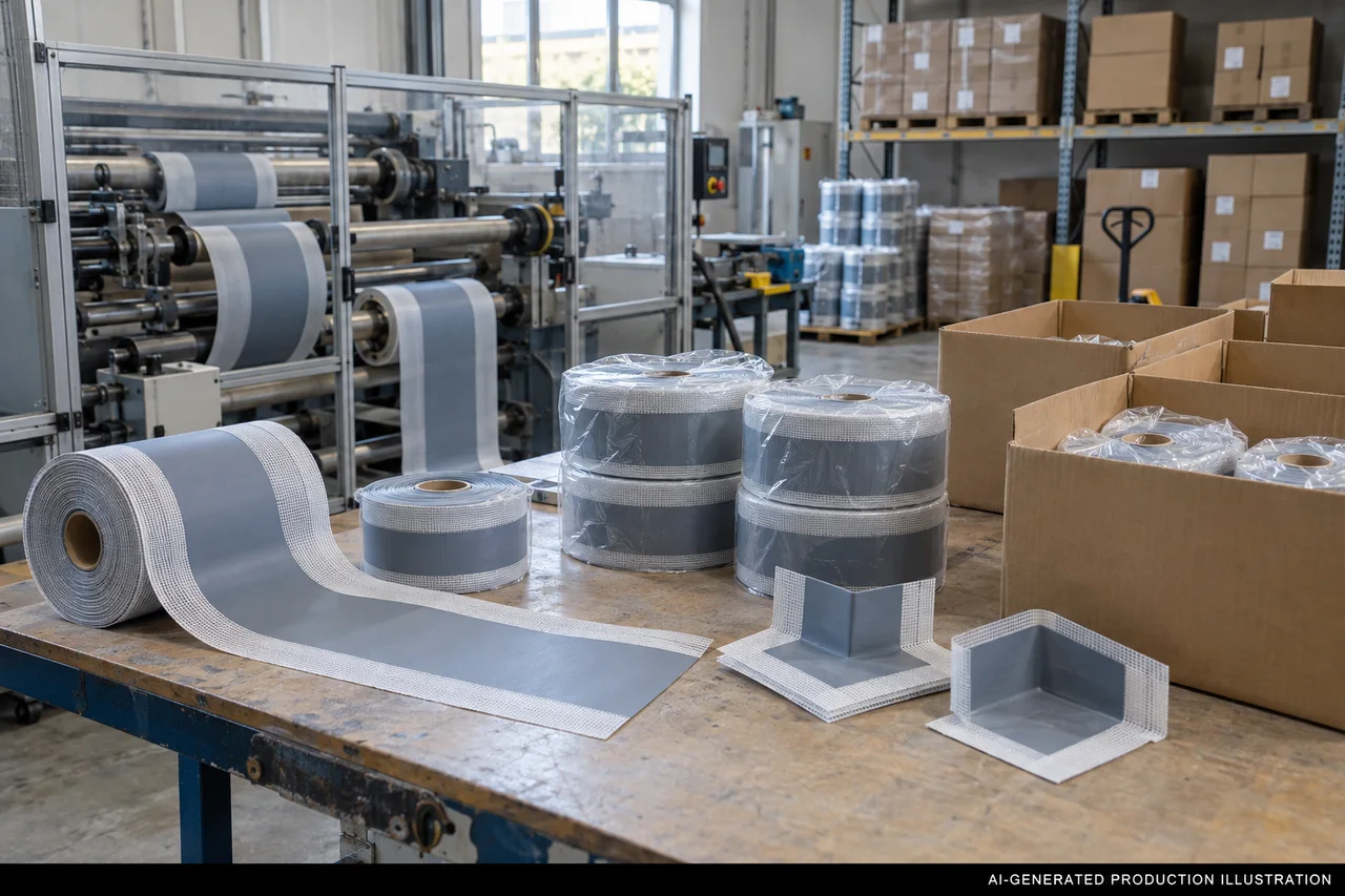 AI-generated illustration of waterproofing tape packing, not an actual factory photograph or completed shipment