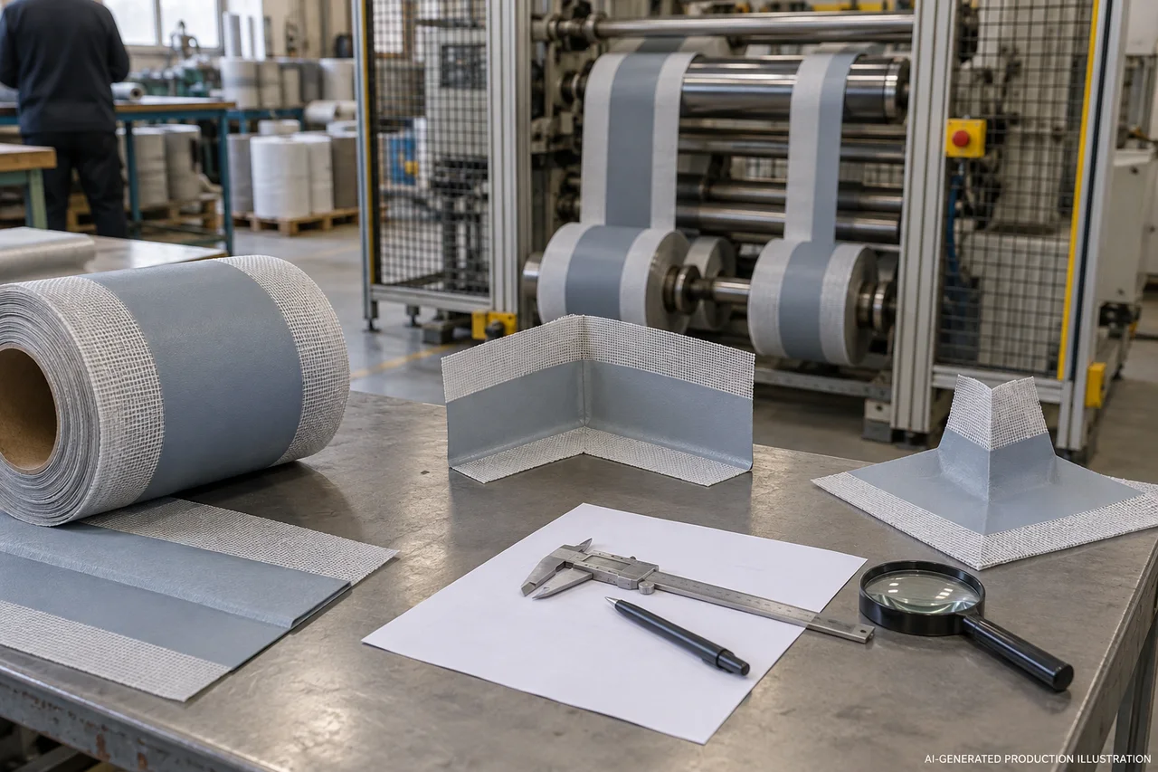 AI-generated illustration of waterproofing accessory inspection, not an actual factory photograph or test result