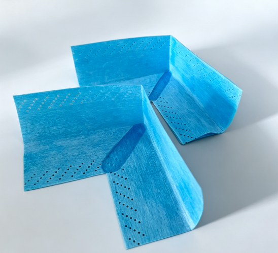 Blue perforated preformed waterproofing outside corner piece